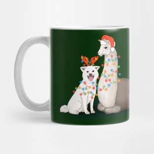 A dog and a llama ready for Christmas Mug